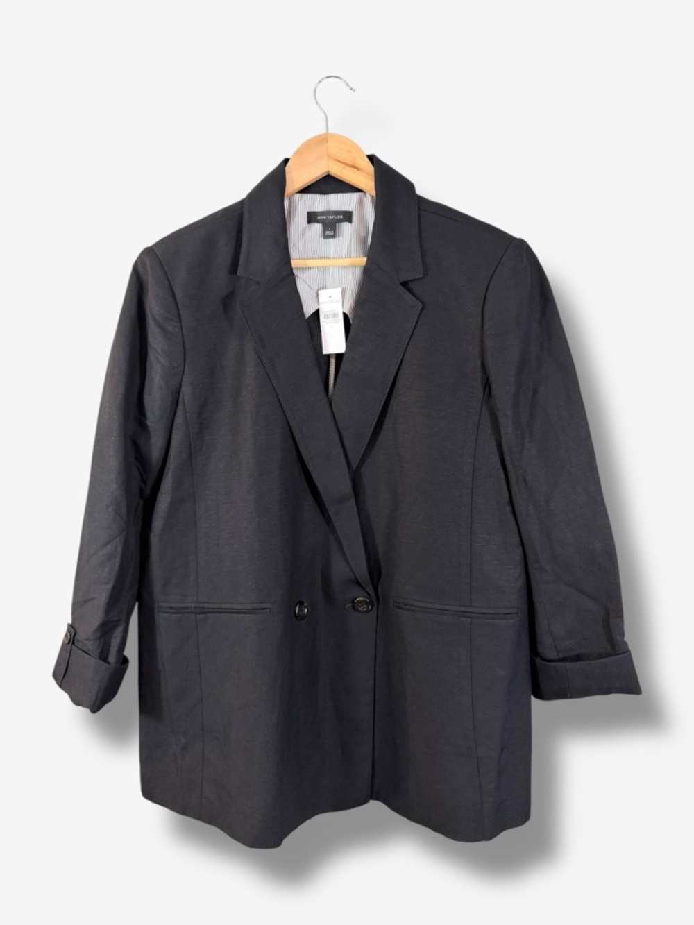 Ann Taylor Black Linen Blazer Size L Double Breasted Roll Tab Sleeve Minimalist